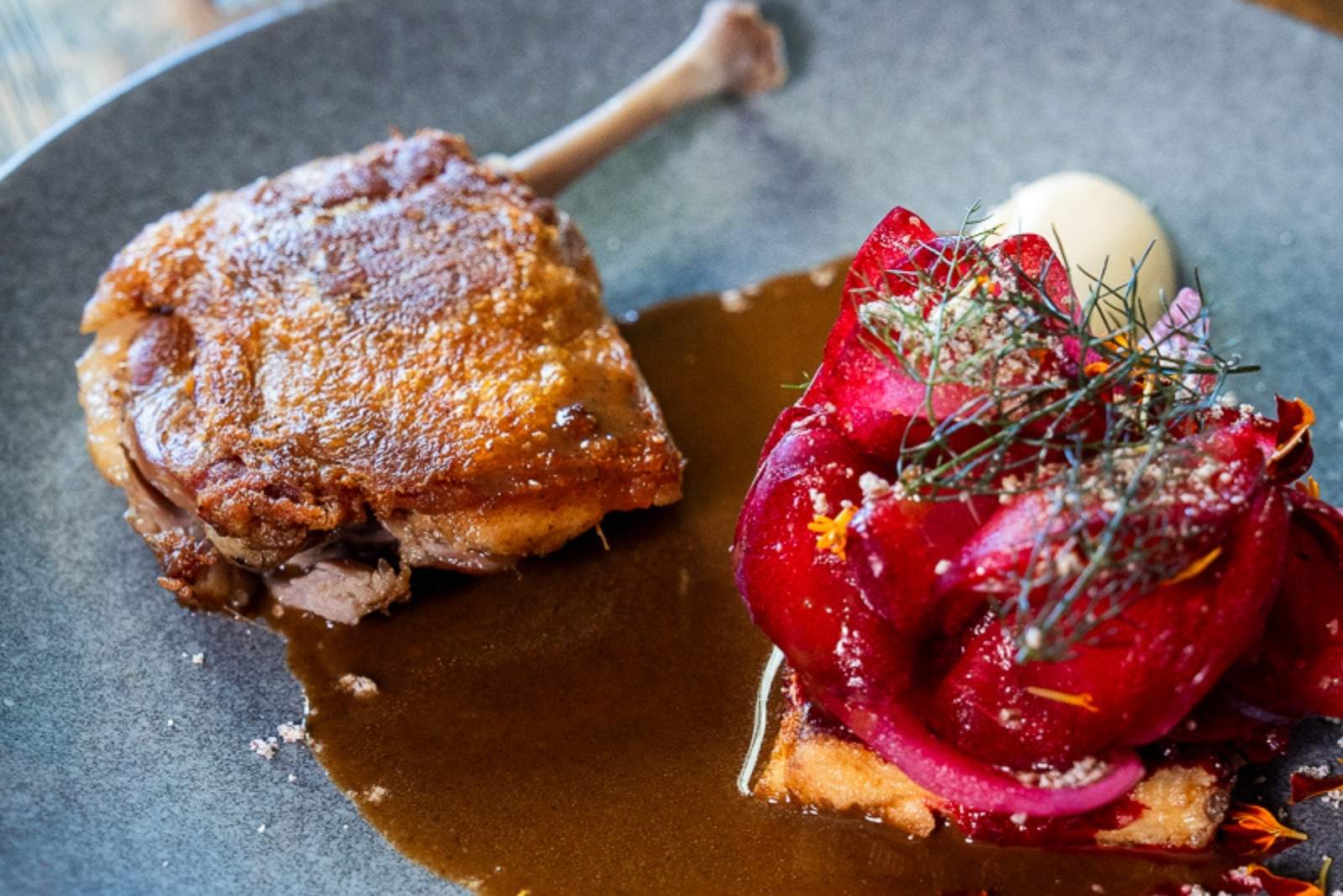 French inspired duck dish with rich sauce and seasonal accompaniments served at Jones Winery Restaurant in Rutherglen, Victoria.
