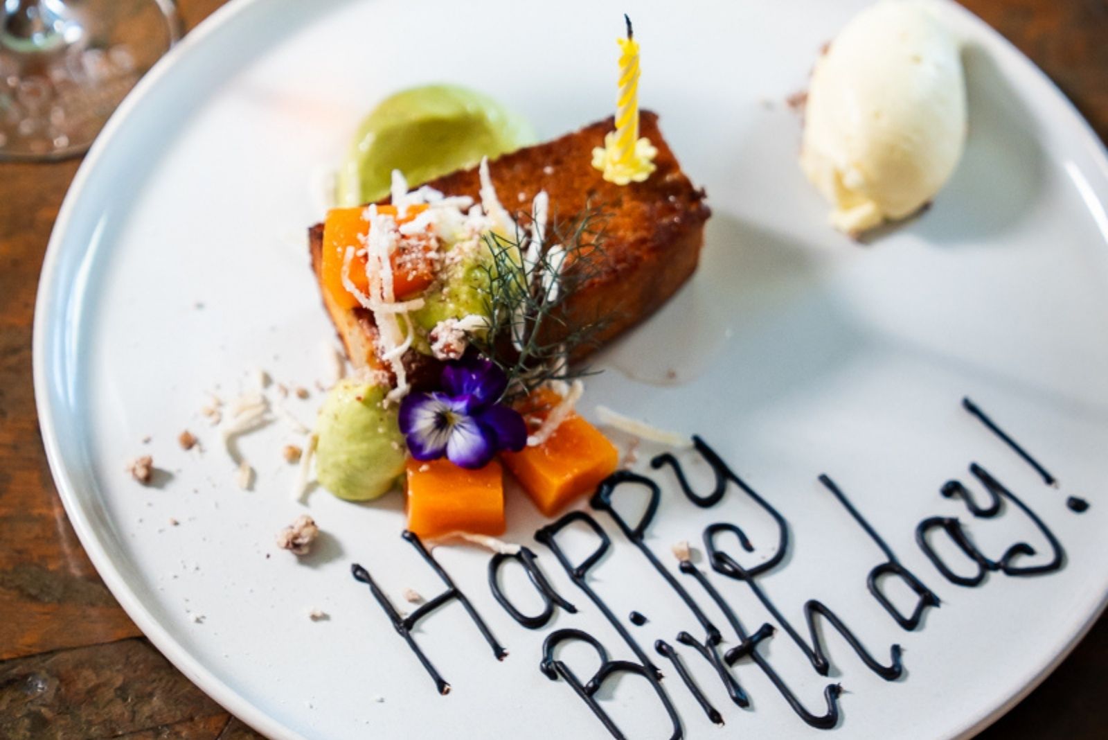 Birthday dessert plate with cake, ice cream, fresh fruit and a Happy Birthday message served at Jones Winery Restaurant in Rutherglen, Victoria.